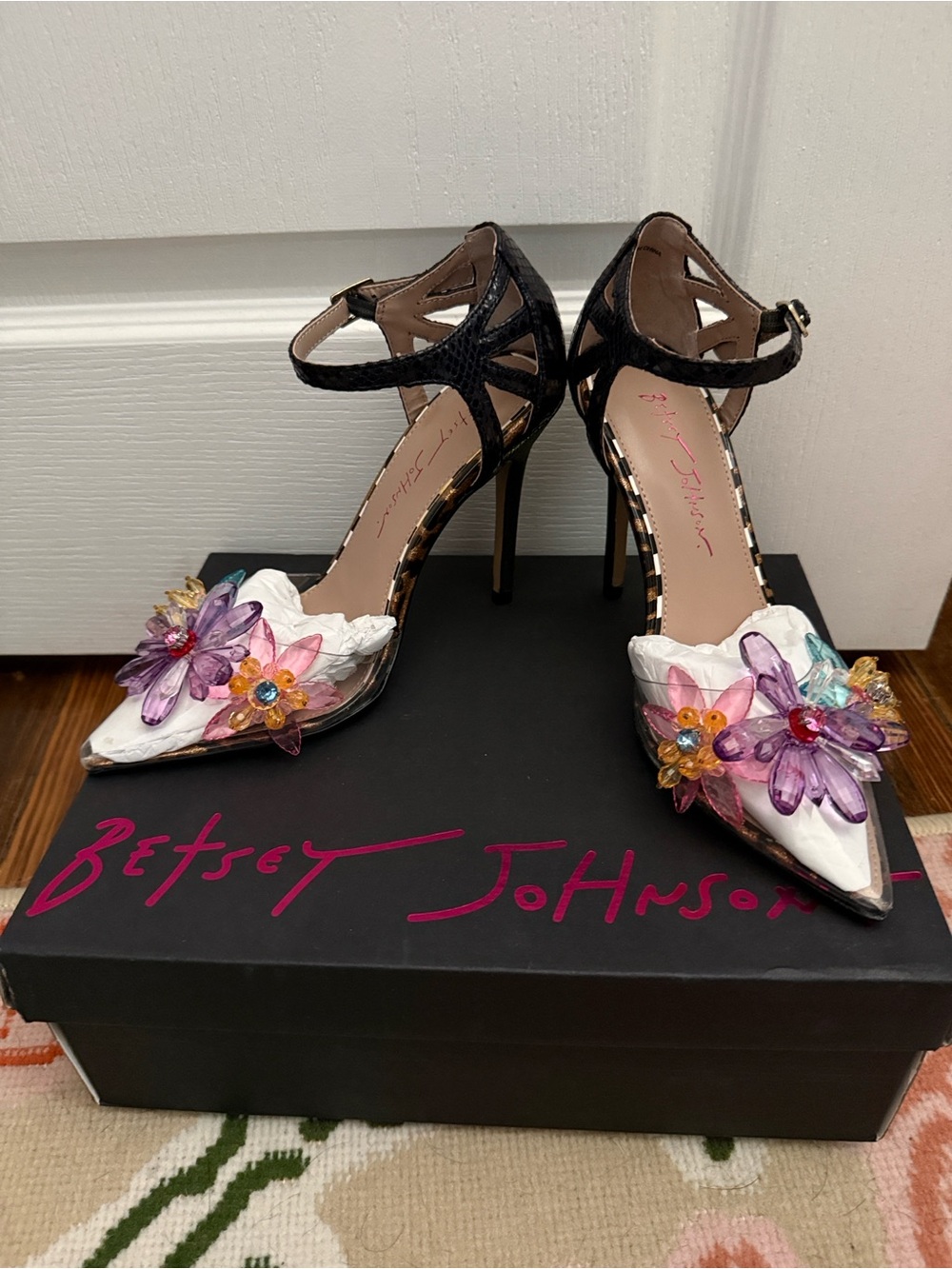 Betsey Johnson Black Strappy Pointed Heels with Multicolored Floral Jewels